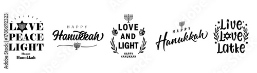 Happy Hanukkah lettering creative holiday set. Modern typography design for traditional Jewish holiday Hanukkah with menorah candlestick. Vector Illustration