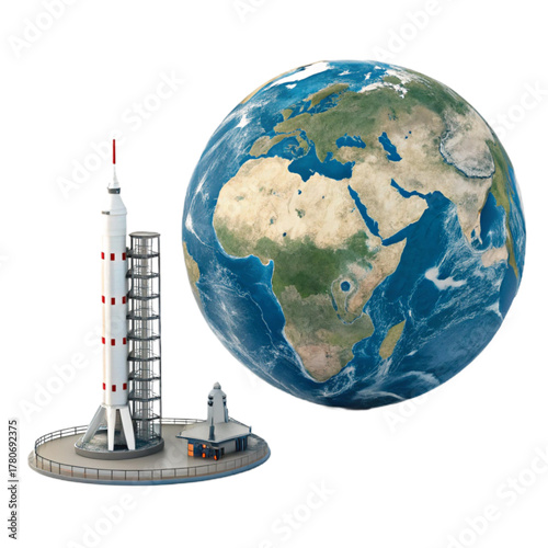 Iconic rocket poised for launch near vibrant Earth, symbolizing exploration, innovation, and humanity's reach for the stars.