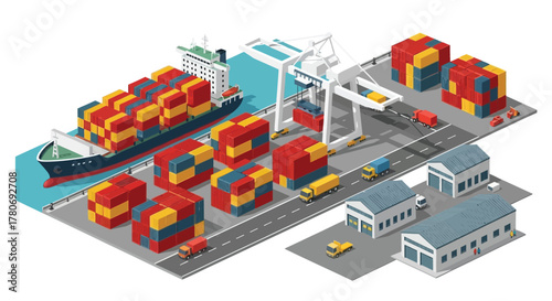 Isometric illustration of a busy cargo port with shipping containers