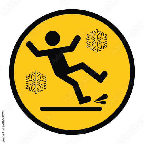 Circular yellow warning sign showing a person slipping on ice with snowflake icons. Symbol represents caution for icy or slippery surfaces, winter safety, and fall prevention awareness.