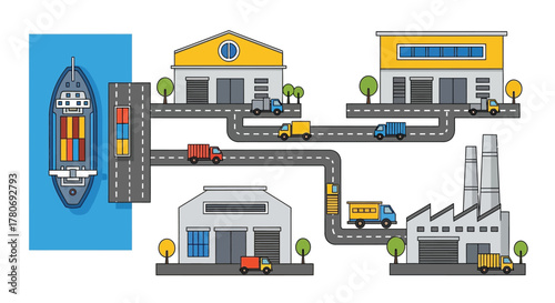 Logistics and transportation network with ships trucks and industrial buildings
