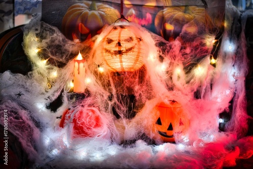 A homemade Halloween display with lights.