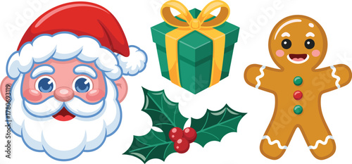 Santa claus face, gingerbread man, gift and holly