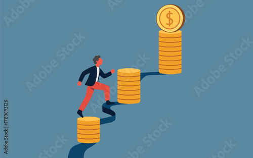Dynamic business growth concept showing a man climbing coin steps to financial success, depicting investment, achievement, and career advancement