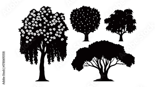 Silhouetted Tree Collection: A collection of diverse tree silhouettes, perfect for adding a touch of nature and artistic flair to any creative project.