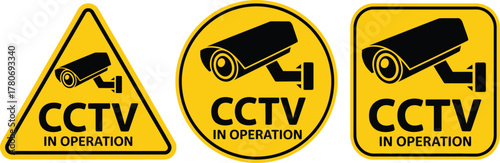 Cctv in operation warning signs with security camera icon