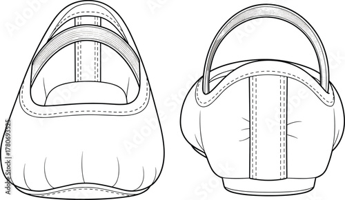 Ballet flats back view, fashion footwear sketch, technical shoe illustration, heel seam detail, strap design, black and white drawing