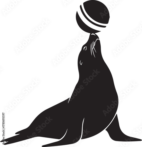 Playful seal balancing ball on nose acrobatics performance wildlife animal silhouette