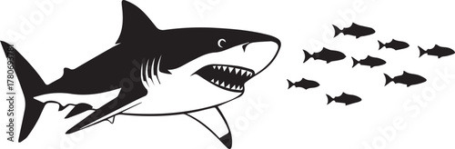 Majestic great white shark hunts a school of small fish in the ocean depths