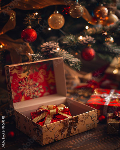 Festive Open Christmas Gift Box Under Tree with Red and Gold Wrapping, Glowing Fairy Lights, and Cozy Holiday Ambiance