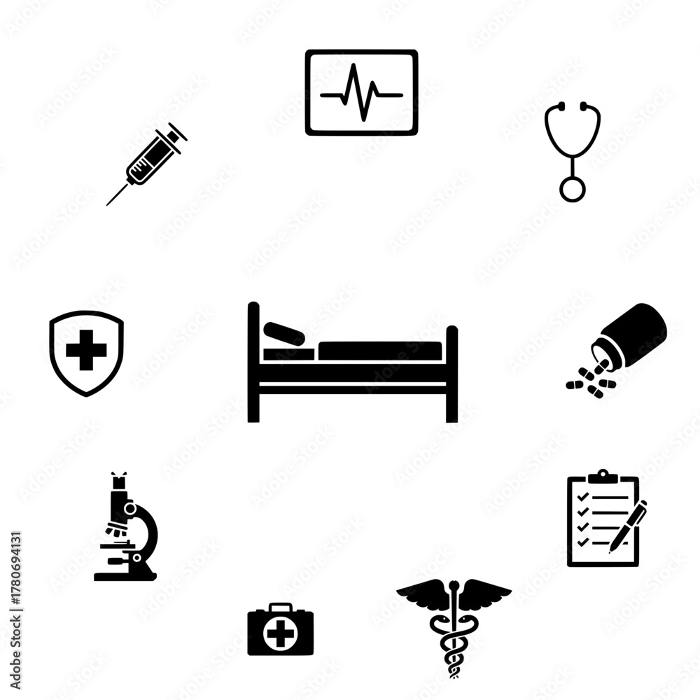 Fototapeta premium Medical and Healthcare Icons Set - Hospital, Emergency, Diagnosis, and Treatment Symbols