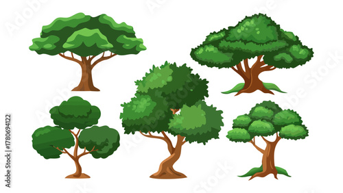 Tree Collection: a compilation of verdant trees, showcasing diversity in form and foliage, perfect for illustrations, presentations and nature-themed projects.