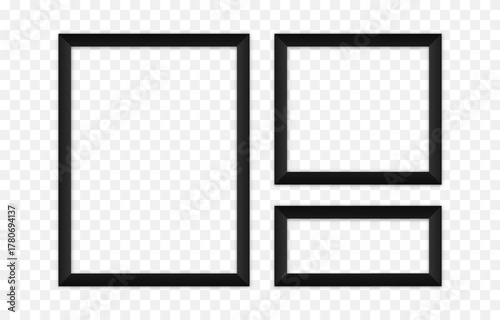 A set of black photo frames of various sizes on a transparent background. A realistic empty frame hanging on the wall. Blank PNG mockup.