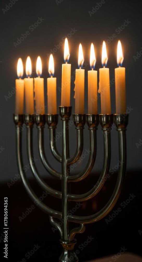 Fototapeta premium A classic Hanukkah menorah with all nine candles lit, glowing against a simple dark background. This clean image captures the quiet, spiritual moment of the holiday ritual of faith.