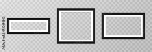 A set of black photo frames of various sizes on a transparent background. A realistic empty frame hanging on the wall. Blank PNG mockup.
