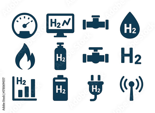Hydrogen energy icons: h2 symbols, gauges, pipes, and devices