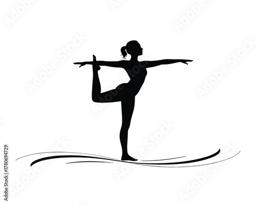 Silhouette of a woman performing a graceful yoga pose on a brushstroke background
