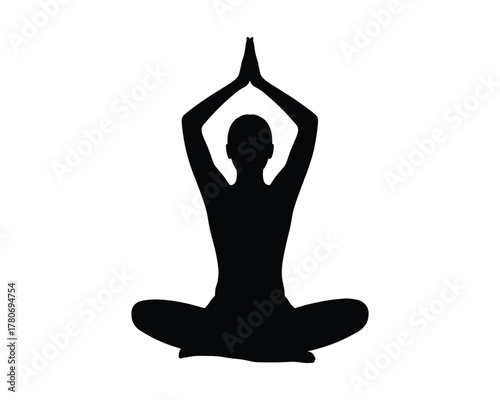 Silhouette of a person in a meditative yoga pose with hands clasped above head on a white background