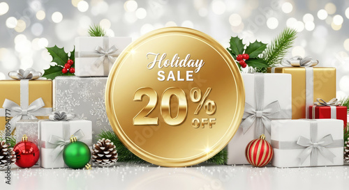 Christmas scene with elegant wrapped gifts, ornaments and a bright golden sign “HOLIDAY SALE 20%.” on shiny bokeh background. Winter festive sale concept.