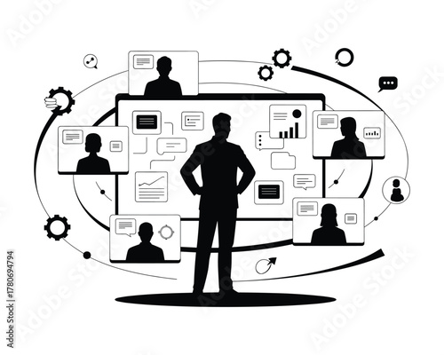 Silhouette of a leader overseeing a global network of remote employees and business data on screens