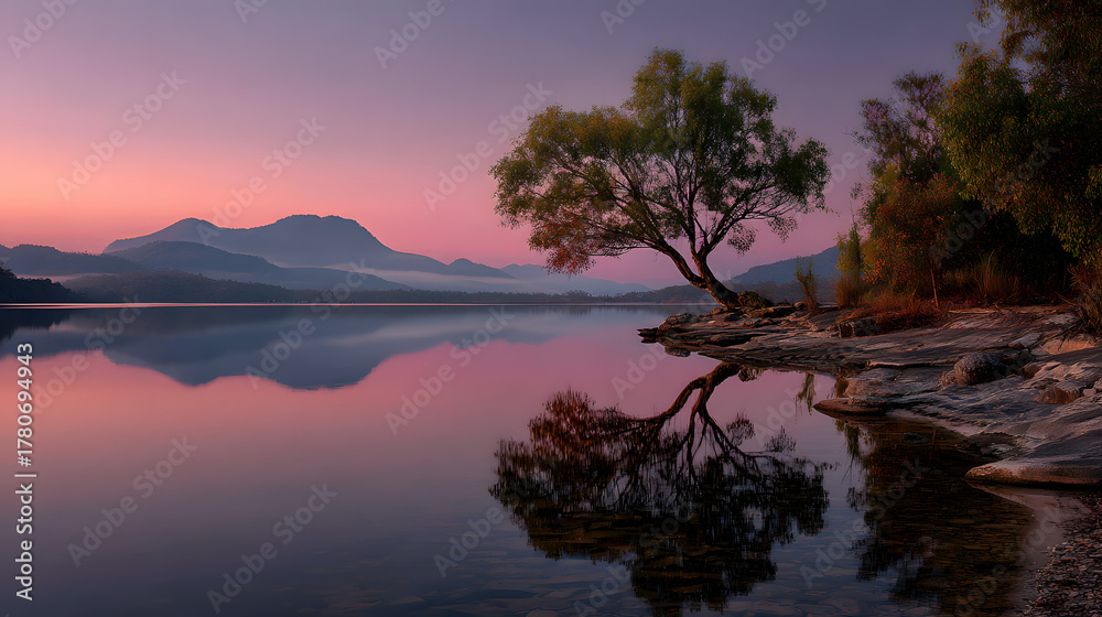 Obraz premium Quiet sunrise over mountain lake mirroring soft pink light and stillness 