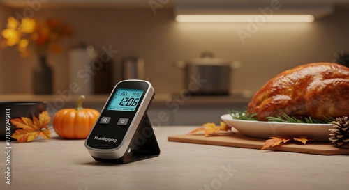 Digital Meat Thermometer with Roasted Turkey and Autumn Decorations.