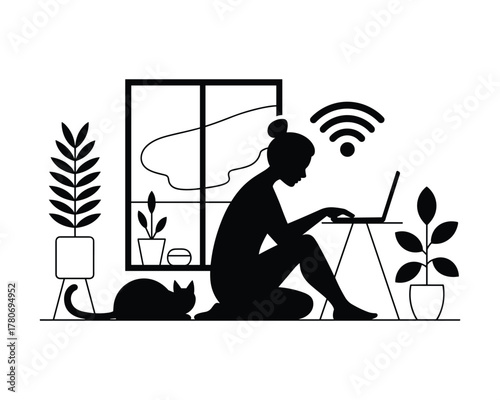 Silhouette of a woman working on a laptop with a cat and plants in a modern home office with wi fi signal