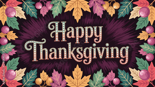 Happy thanksgiving greeting with decorative autumn leaves and berries border on a dark background