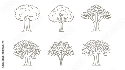 Diverse Trees Line Art: A set of six unique line art trees in various styles, showcasing the versatility and beauty of nature's arboreal wonders.