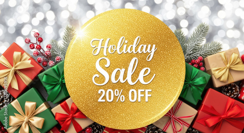 Christmas scene with colorful wrapped gifts, ornaments and a bright golden sign “HOLIDAY SALE 20%. OFF” on shiny bokeh background. Winter festive sale concept.