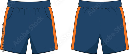 Navy blue athletic shorts, orange side stripes, front and back view, sportswear design, elastic waistband, fashion template, technical sketch