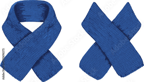 Blue knitted scarf, winter fashion accessory, cozy wool texture, crisscross styling, casual and formal wear, neck wrap, cold weather comfort