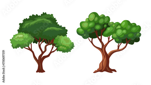 Vibrant Trees: Two illustrations of leafy trees stand, their branches reaching for the sky. The first showcasing a lush green canopy, and the second a more artistic, whimsical shape.