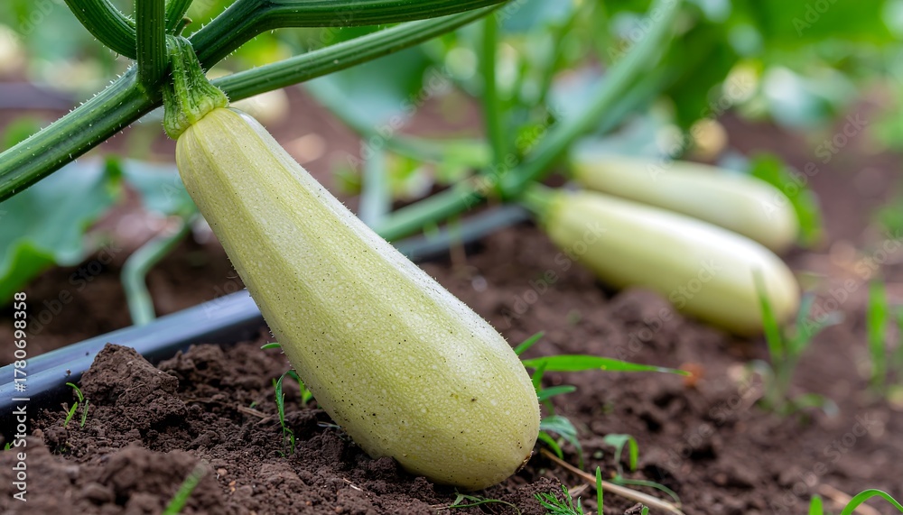 Fototapeta premium Close-up of yellow zucchini growing horizontally on vine with blurred soil background. Organic vegetables, farming, and garden concept.