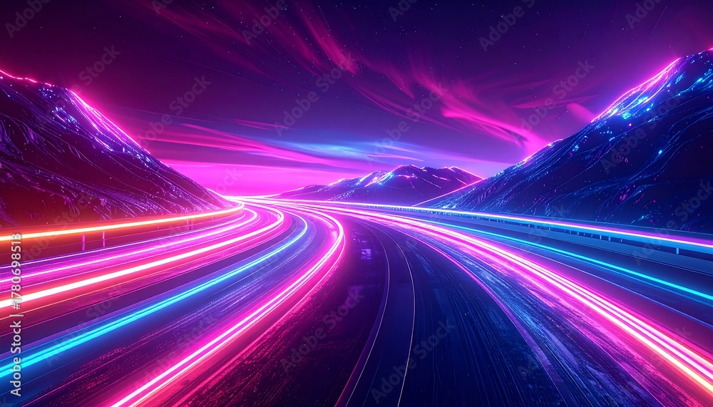 Obraz premium Neon lines trace a highway weaving between silhouetted mountains under a vibrant magenta and blue hued sky