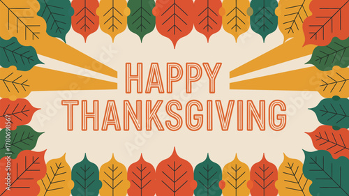 Happy thanksgiving greeting card with autumn leaves border and retro sunburst design