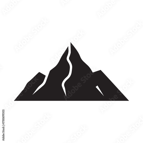 Black silhouette of a jagged mountain peak with a curved line detail