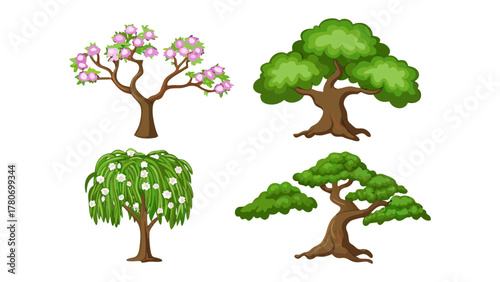 Variety of trees in the environment: Showcase a range of diverse trees, their vibrant foliage, and unique textures against a plain background.