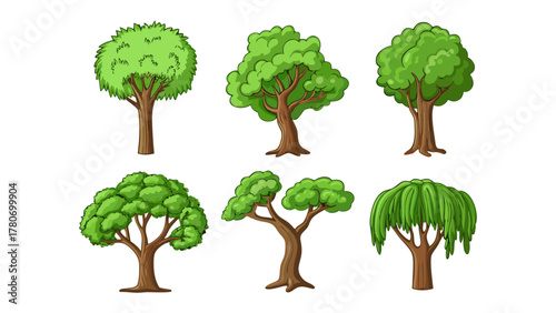 Diverse Tree Collection: A collection of six meticulously crafted illustrations, each showcasing a unique tree specimen with varied forms, lush green foliage and sturdy brown trunks.
