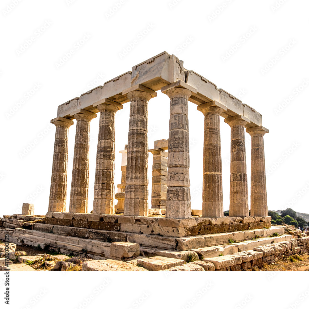 Obraz premium Cape Sounio, Poseidon temple remains isolated on white, transparent sky. Attica, Greece 