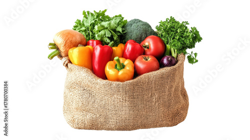 Burlap bag overflowing with fresh vegetables isolated on a transparent background