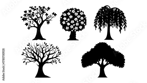 Silhouette Tree Collection: Five distinct tree silhouettes, each showcasing unique shapes and foliage, stand as elegant graphic resources for design projects. 