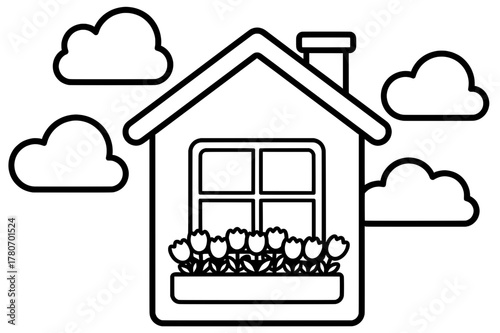 Charming house illustration with flower box, surrounded by fluffy clouds, perfect for a coloring page, evoking a cozy and inviting atmosphere for creative expression