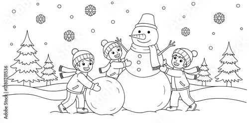Children joyfully building a snowman in a winter wonderland, surrounded by snowflakes and evergreen trees, creating a festive Christmas coloring page for kids
