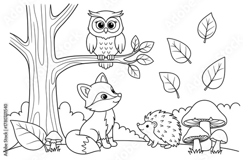 Coloring page featuring a whimsical forest scene with an owl perched on a tree branch, a fox, a hedgehog, and mushrooms, perfect for Christmas-themed artistic expression