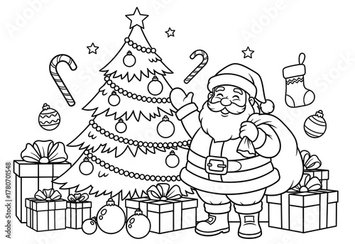 Santa Claus standing beside a decorated Christmas tree, surrounded by colorful presents, candy canes, and festive ornaments, creating a joyful holiday coloring page for children