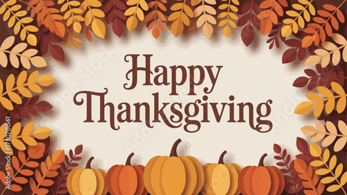 Happy thanksgiving greeting card with autumn leaves and pumpkins border
