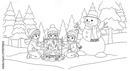 Children enjoying a cozy campfire in winter, surrounded by snow-covered trees and a cheerful snowman, creating a festive Christmas coloring page for relaxation and creativity