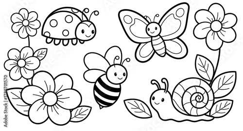 Coloring page featuring cheerful insects like ladybug, butterfly, bee, and snail surrounded by vibrant flowers and leaves, perfect for creative holiday fun and relaxation