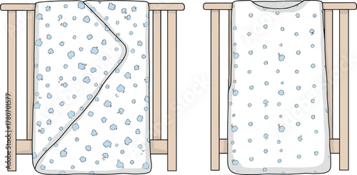 Baby crib with cloud blanket, nursery bedding setup, infant sleep space, wooden crib design, cozy baby room, soft textile decor